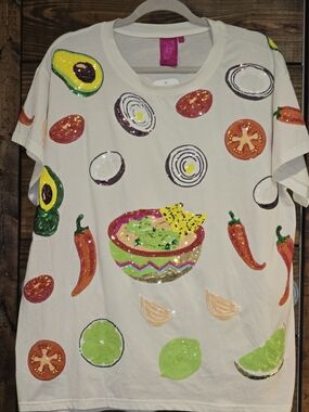 QUEEN OF SPARKLES Cream Sequin Guacamole Tee with Multicolor Food Motifs